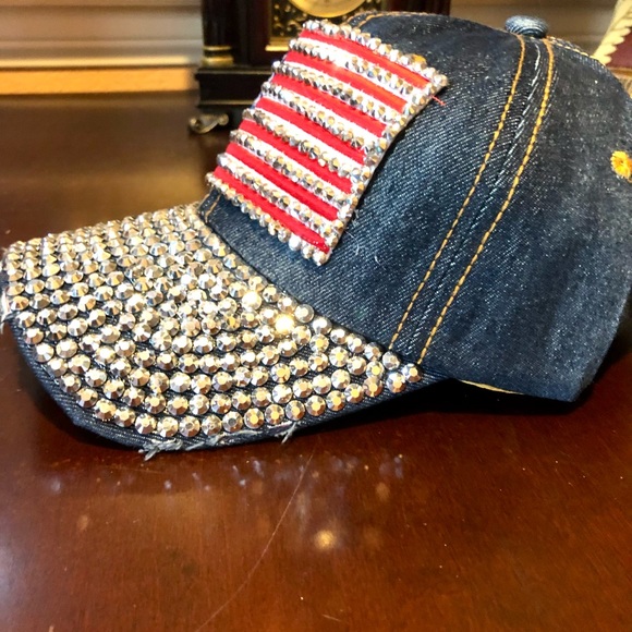 PATRIOTIC DENIM BASEBALL HAT CAP AMERICAN FLAG WITH RHINESTONES DIAMOND ACCENT - Picture 3 of 14